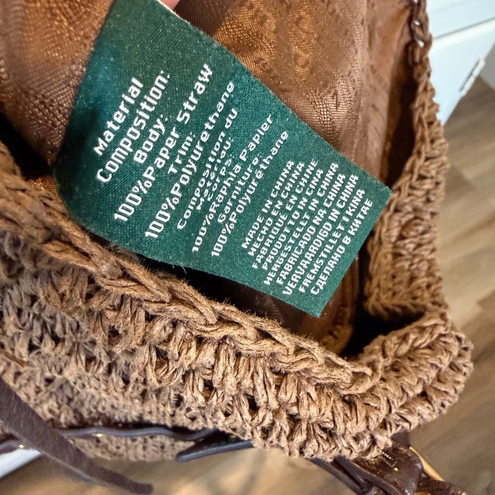 Lauren Ralph Lauren Brown Crochet Paper Straw Hobo Shoulder Bag Tote Large - Picture 9 of 13